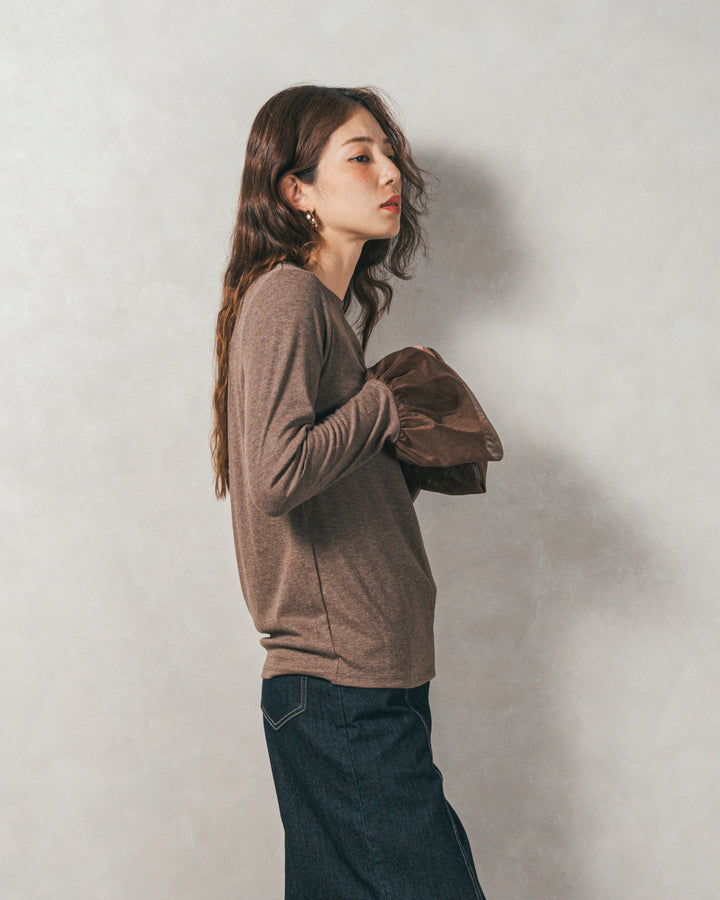 チュールスリーブRibトップス (BROWN)