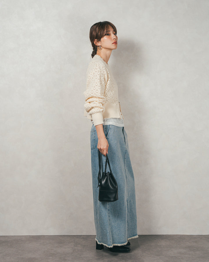 ［SET］透かし編みフロントスリットニット+フロントスリット Iラインデニムスカート（2SET）