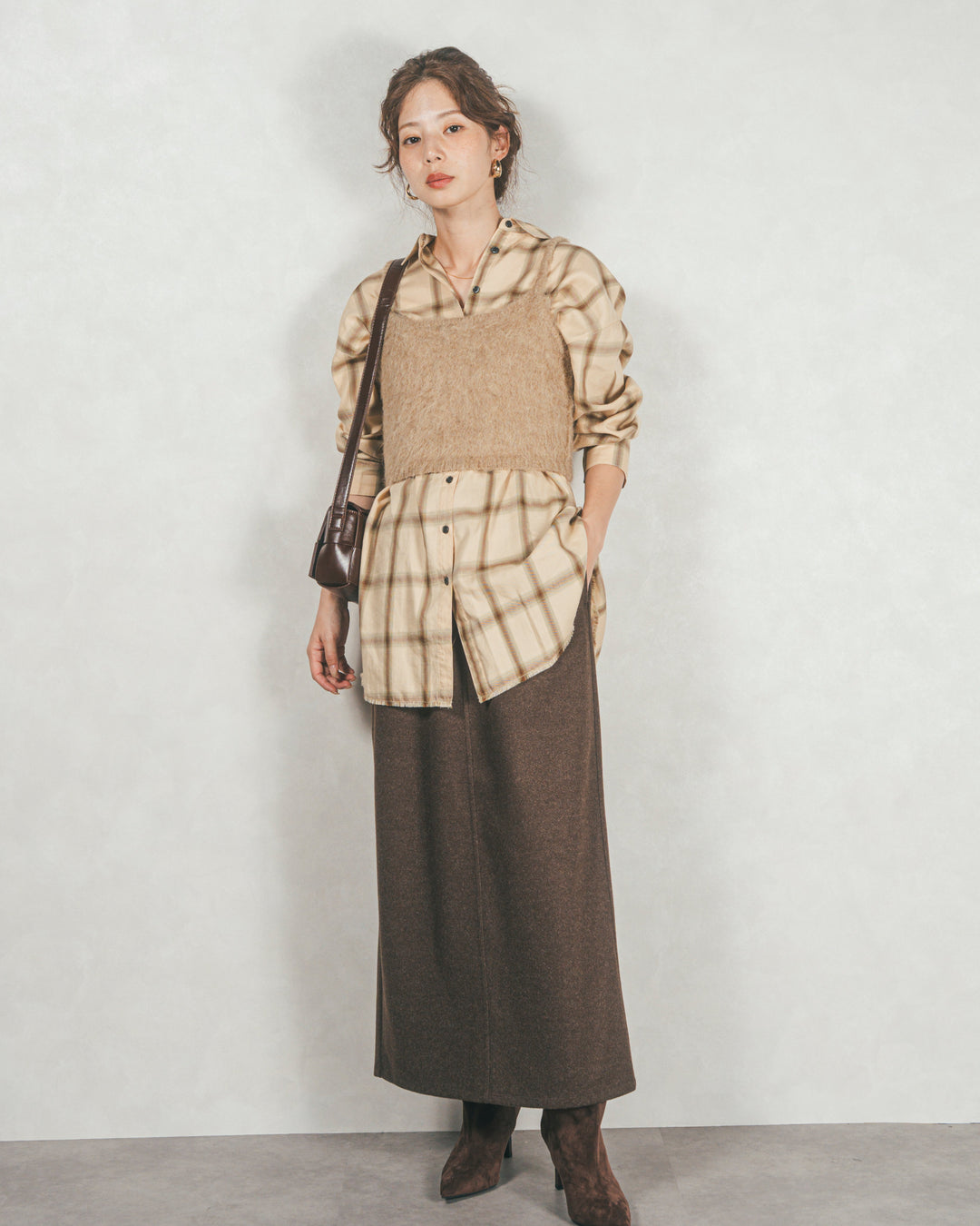 ［SET］Looseチェックシャツ+モヘアタッチKnitビスチェ+Smoothニットソー Narrowスカート