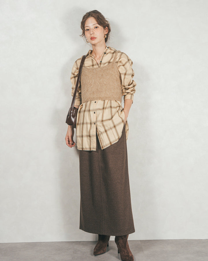 ［SET］Looseチェックシャツ+モヘアタッチKnitビスチェ+Smoothニットソー Narrowスカート