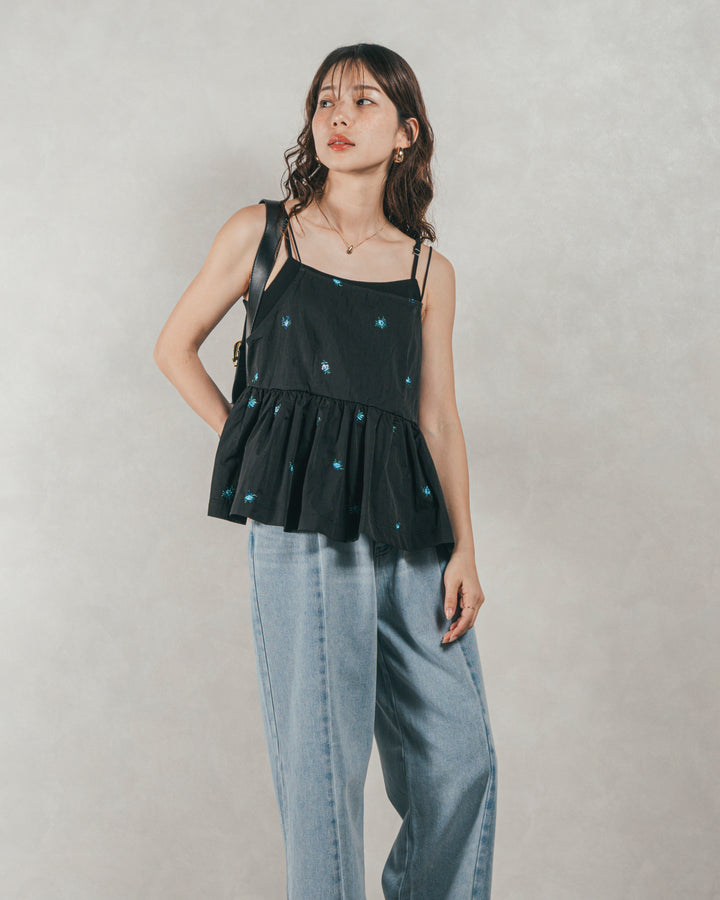 ［SET］Flower刺繍　ボリュームキャミ + 10oz ニュアンスバイカラー リラックスワイドデニム（2SET）