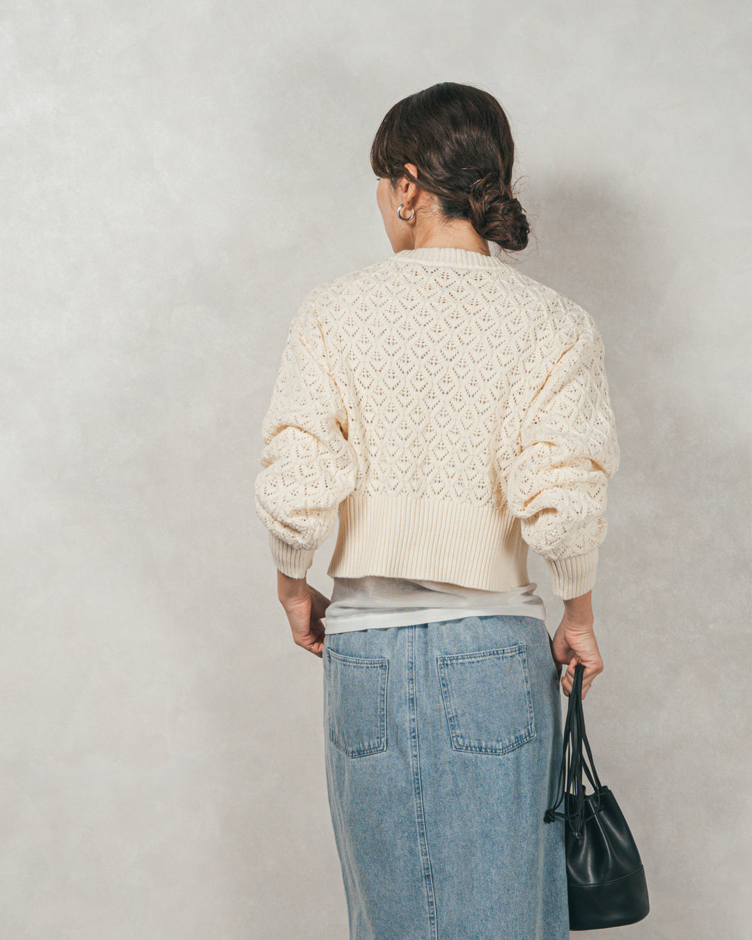 ［SET］透かし編みフロントスリットニット+フロントスリット Iラインデニムスカート（2SET）