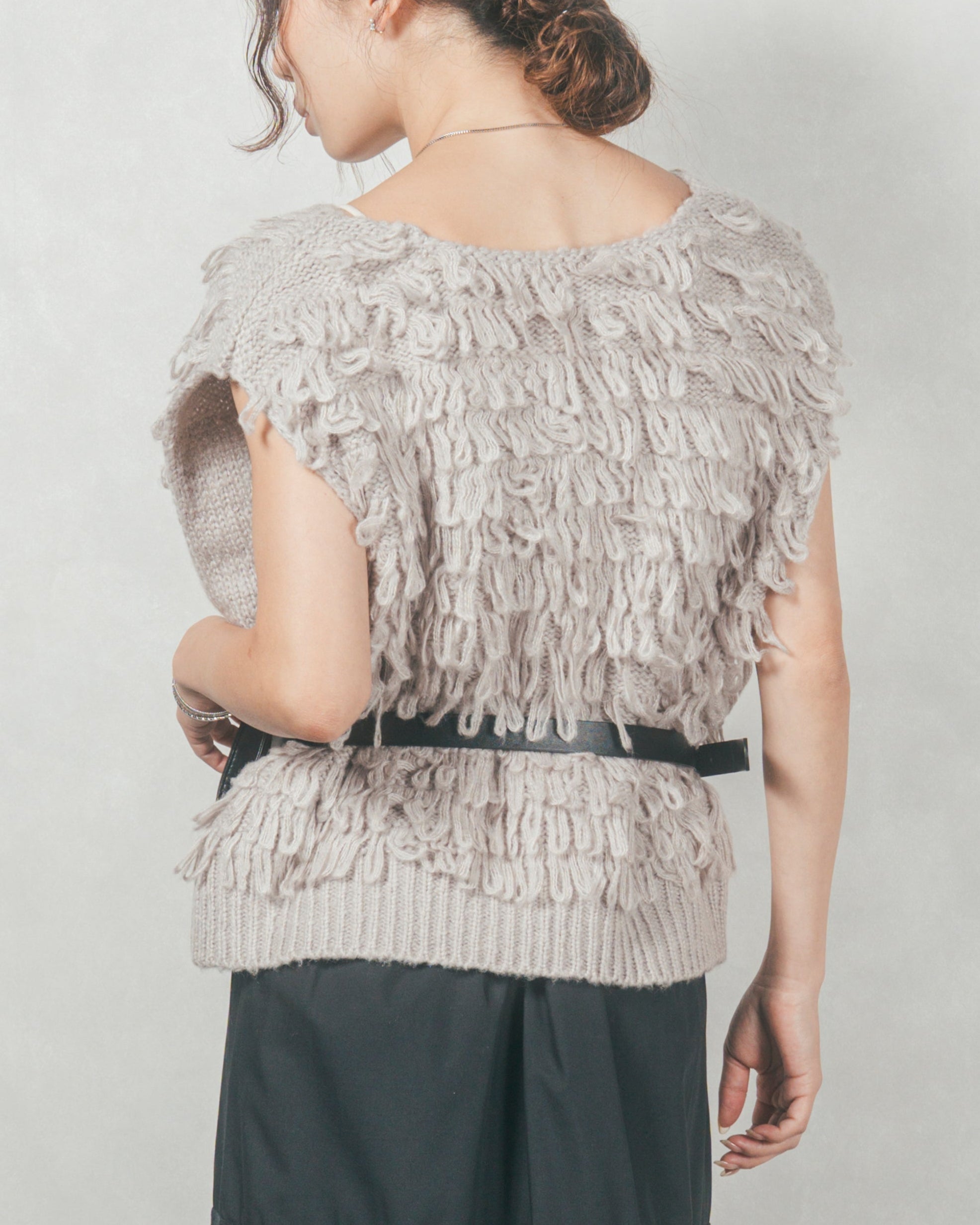 SET］ループ編みフリンジニットベスト+アジャストロールアップ