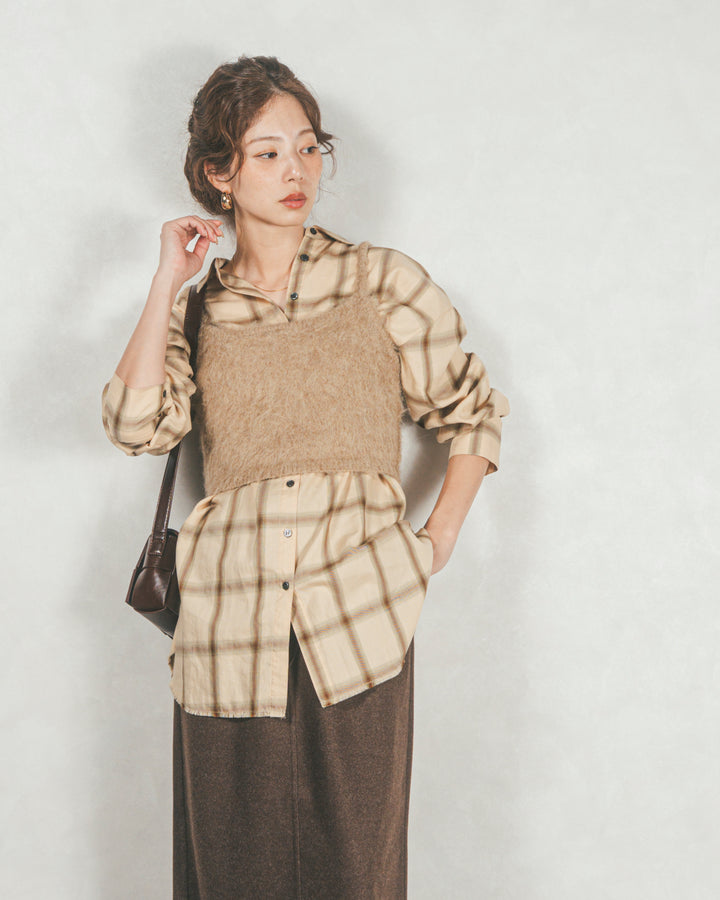 ［SET］Looseチェックシャツ+モヘアタッチKnitビスチェ