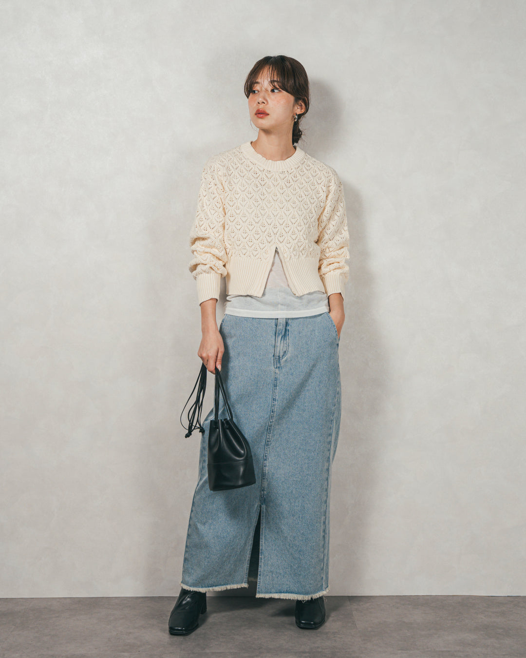 ［SET］透かし編みフロントスリットニット+フロントスリット Iラインデニムスカート（2SET）