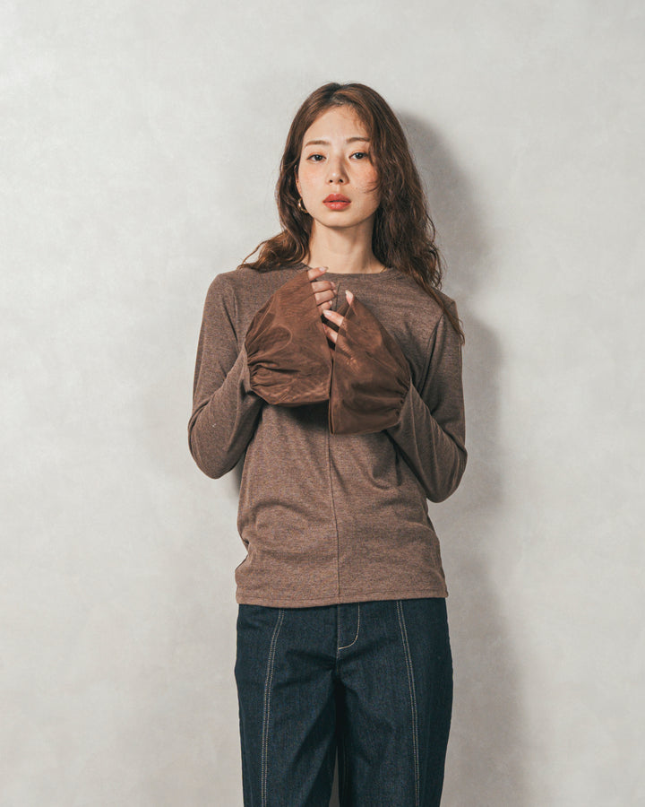 チュールスリーブRibトップス (BROWN)