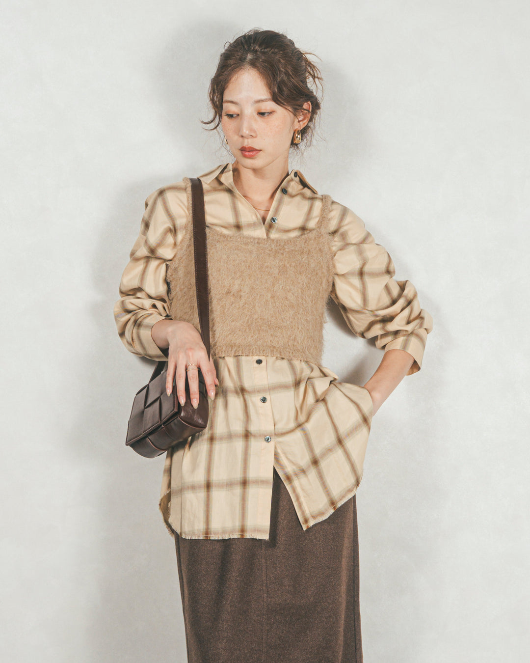 ［SET］Looseチェックシャツ+モヘアタッチKnitビスチェ