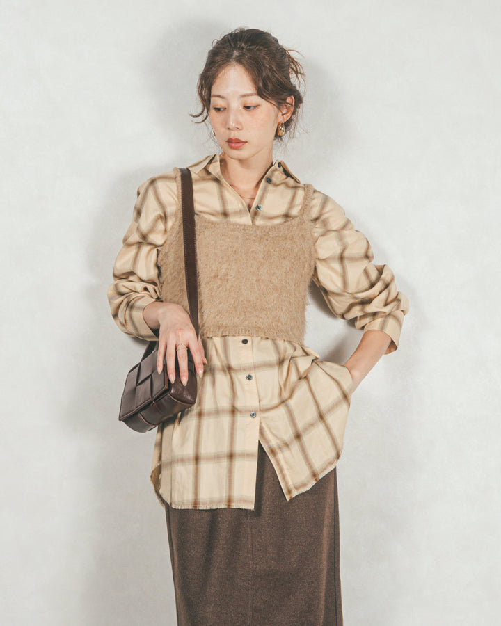 ［SET］Looseチェックシャツ+モヘアタッチKnitビスチェ