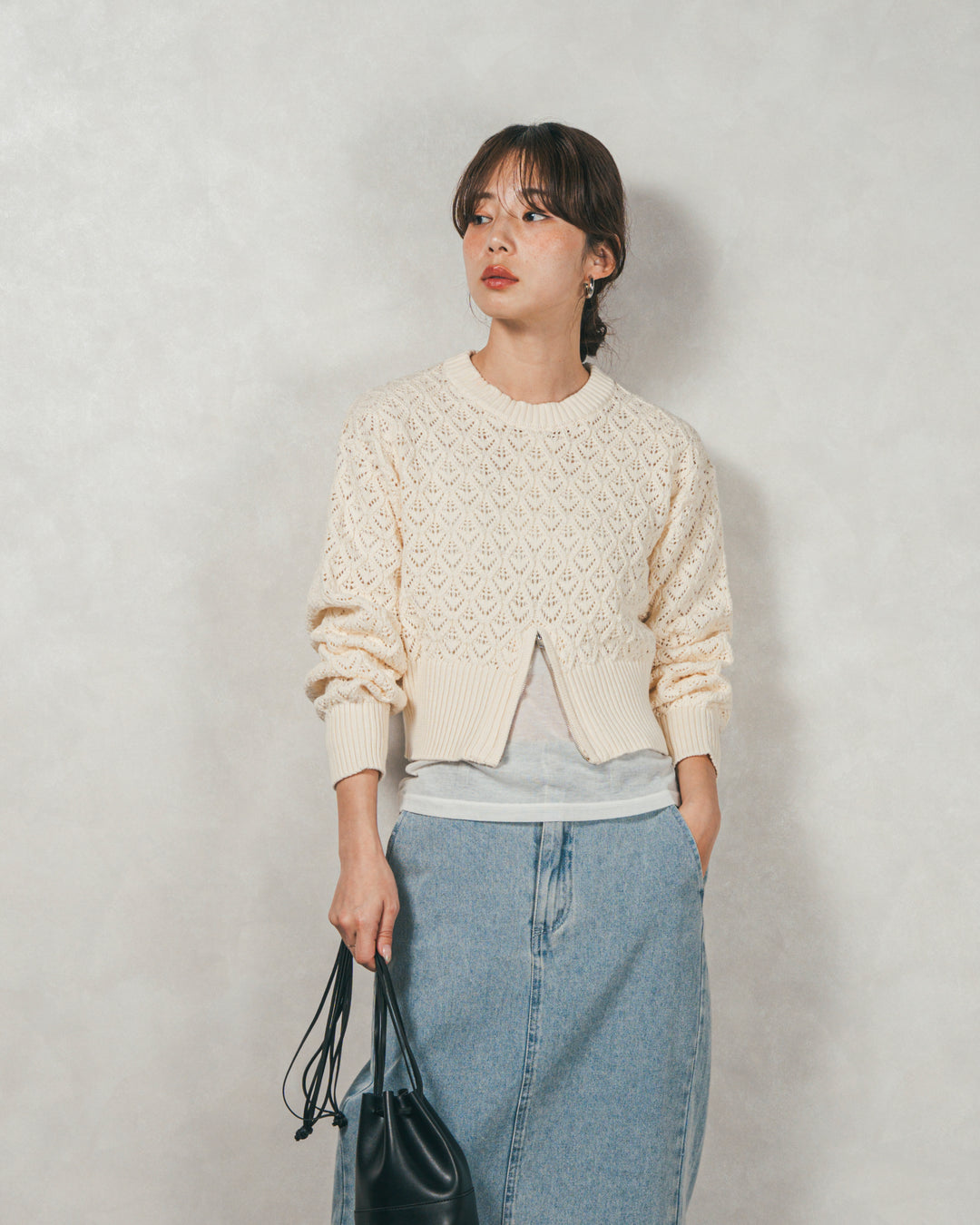 ［SET］透かし編みフロントスリットニット+フロントスリット Iラインデニムスカート（2SET）