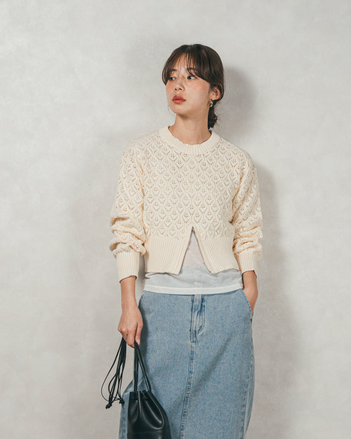 ［SET］透かし編みフロントスリットニット+フロントスリット Iラインデニムスカート（2SET）