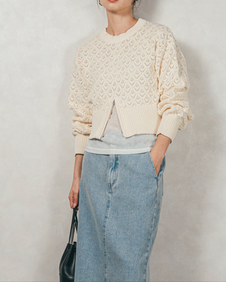 ［SET］透かし編みフロントスリットニット+フロントスリット Iラインデニムスカート（2SET）