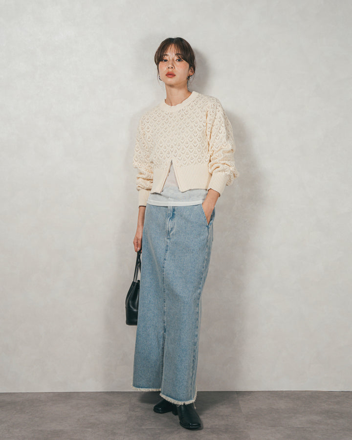 ［SET］透かし編みフロントスリットニット+フロントスリット Iラインデニムスカート（2SET）