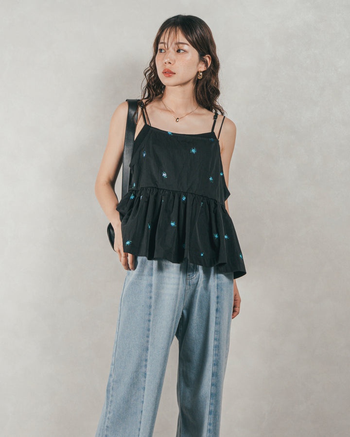 ［SET］Flower刺繍　ボリュームキャミ + 10oz ニュアンスバイカラー リラックスワイドデニム（2SET）