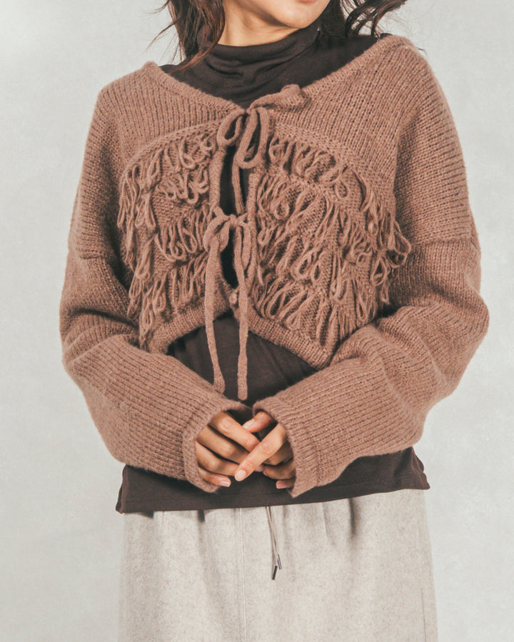 ［SET］ループ編みフリンジカーディガン+ワイドTuckイージーデニム（2SET）