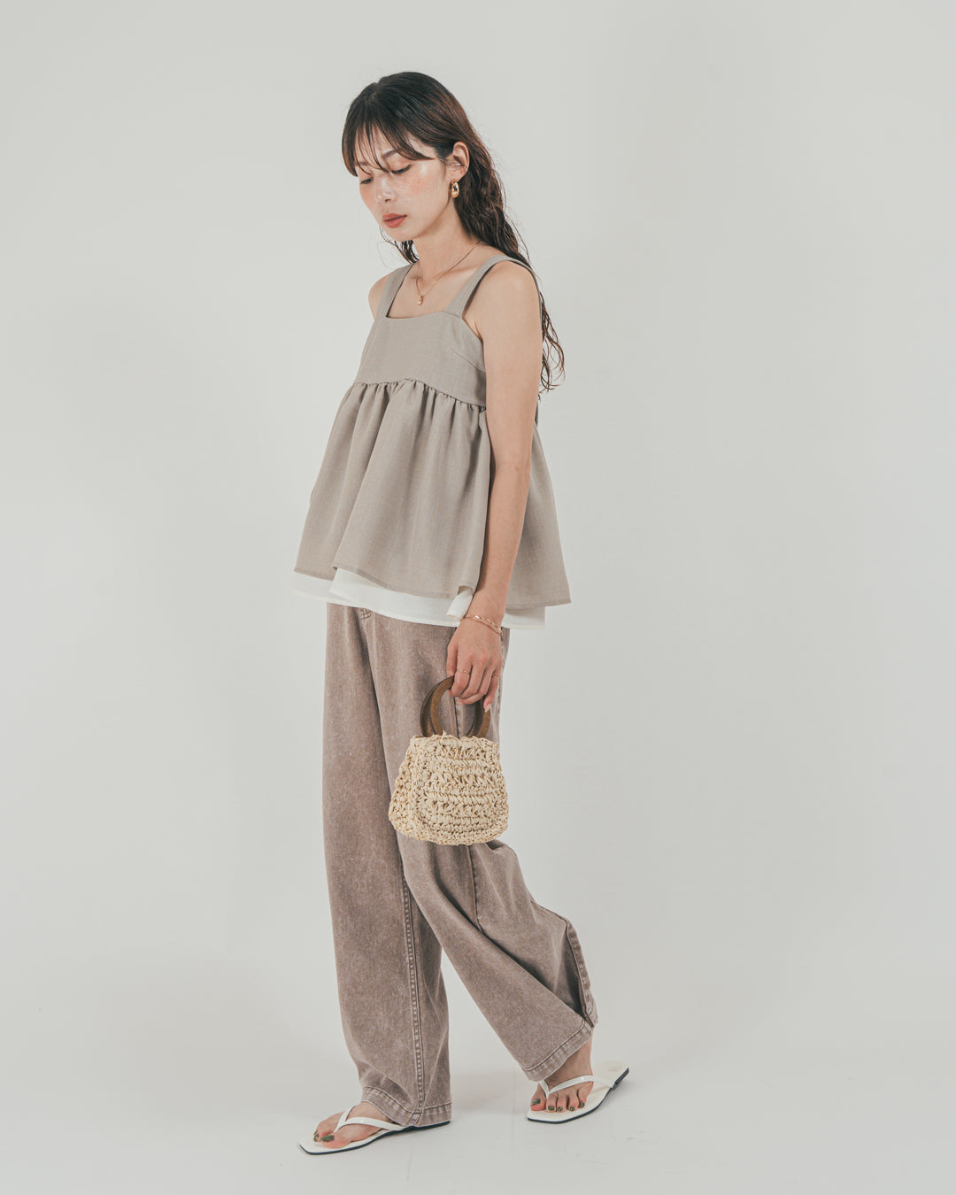 ［SET］スラブTweedバイカラーティアードキャミ + 10oz サイドタック リラックスデニムパンツ（2SET）