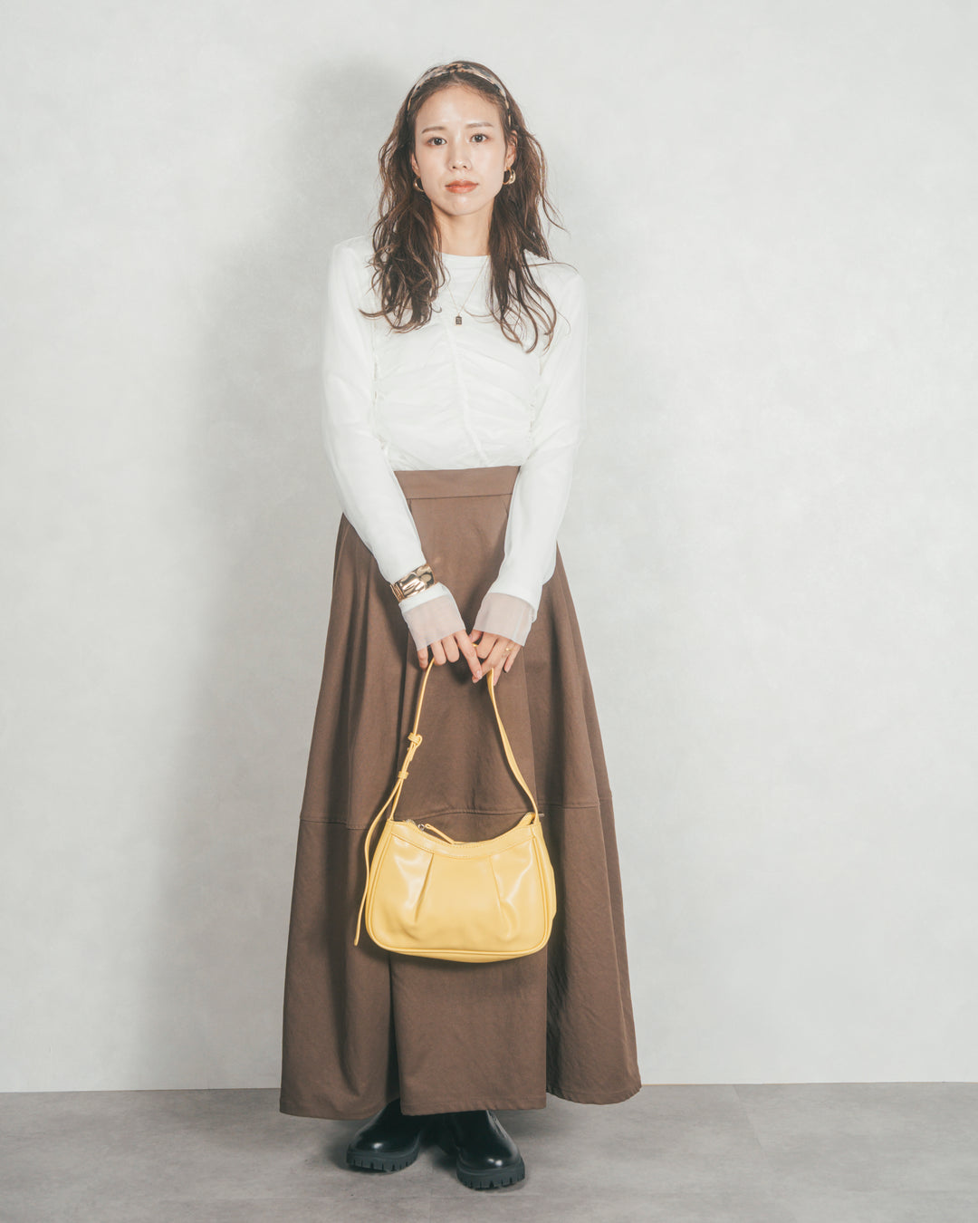 【2枚SET】チュールシャーリングトップス＆リブトップス (WHITE x WHITE)