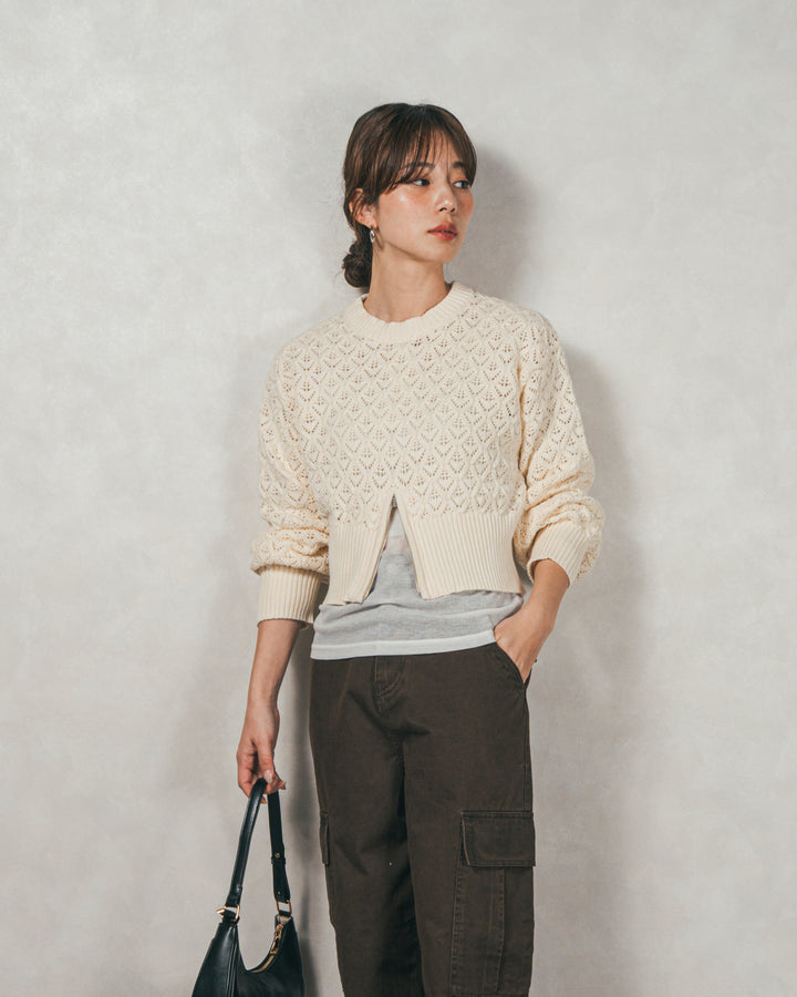 ［SET］透かし編みフロントスリットニット+ピグメントツイルカーゴパンツ（2SET）