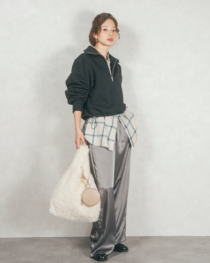 ［SET］裏起毛ハーフZipスウェット+Looseチェックシャツ+Relaxサテンパンツ