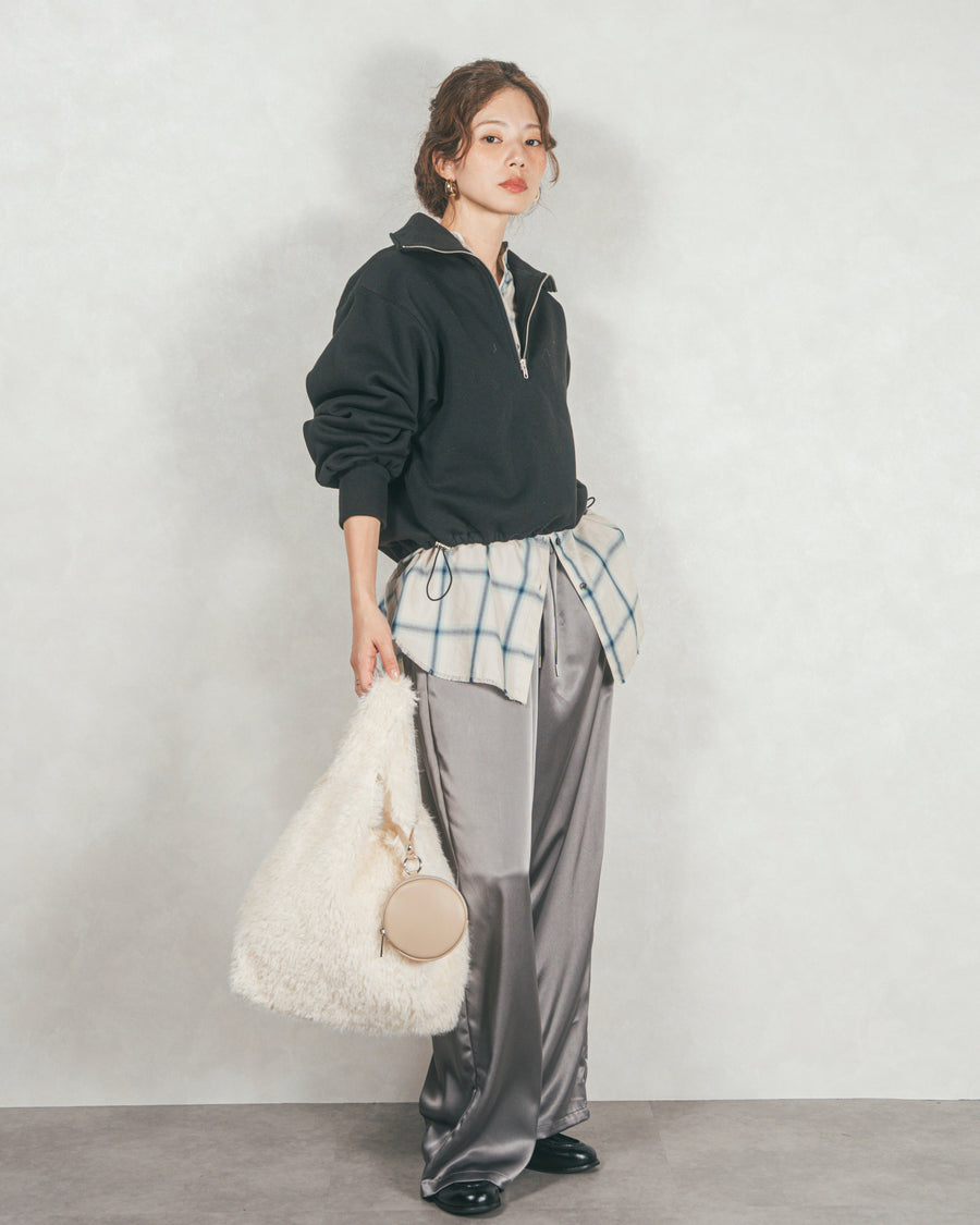 ［SET］ハーフZipスウェット+Looseチェックシャツ+Relaxサテンパンツ