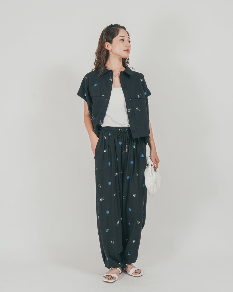 ［SET］Flower刺繍コクーンシャツ + Flower刺繍リラックスパンツ（2SET）