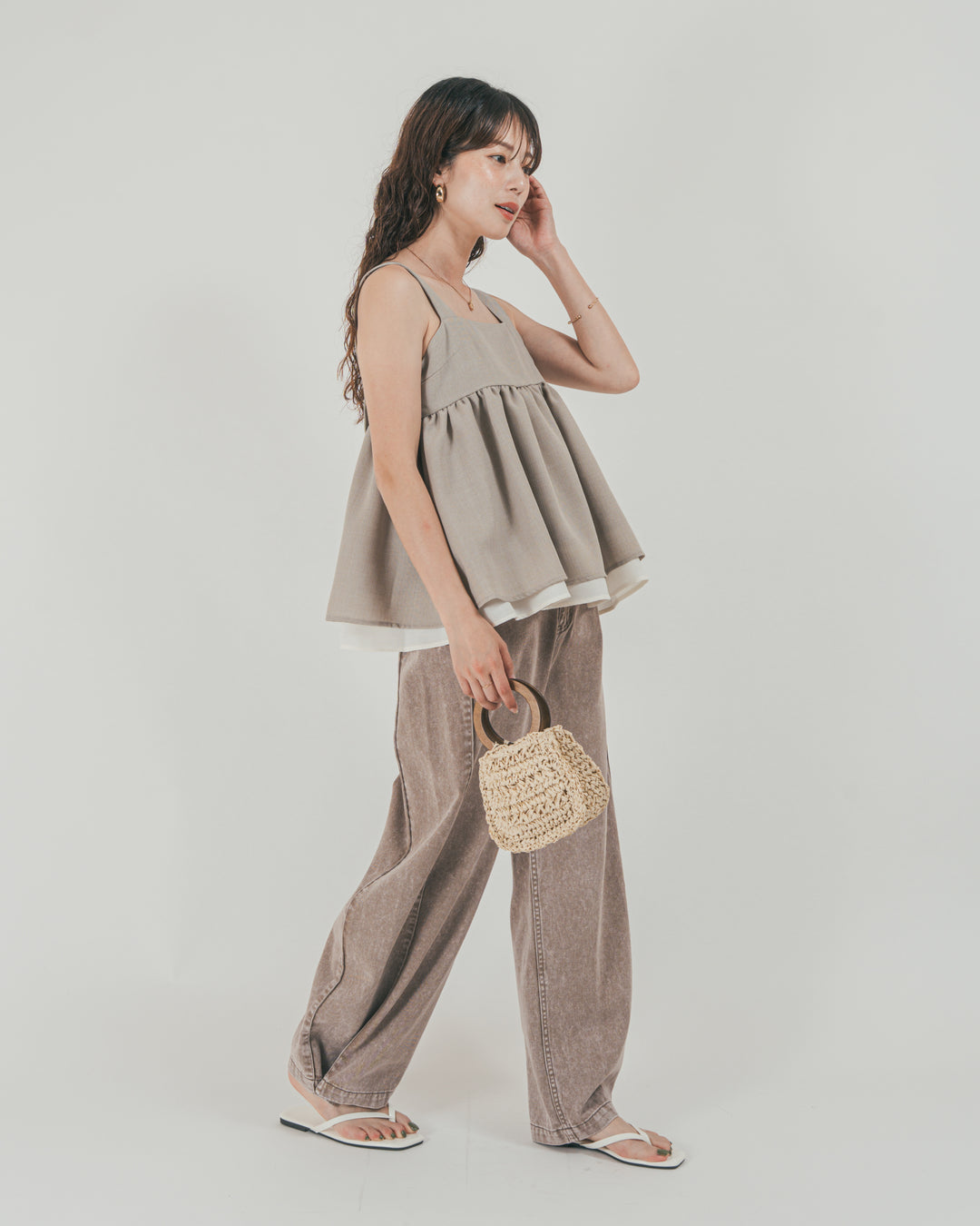 ［SET］スラブTweedバイカラーティアードキャミ + 10oz サイドタック リラックスデニムパンツ（2SET）
