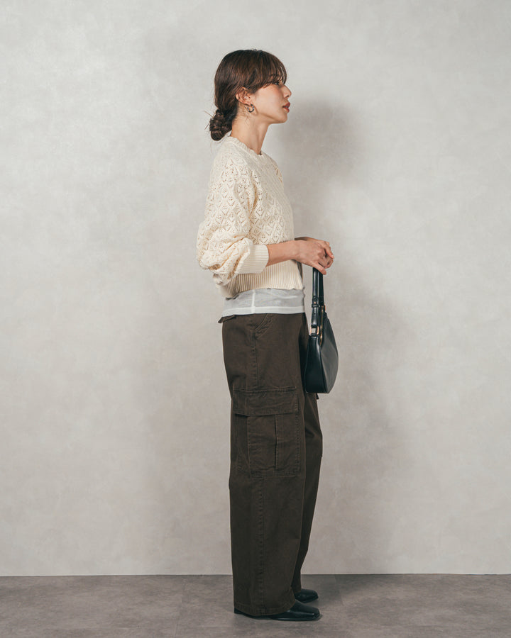 ［SET］透かし編みフロントスリットニット+ピグメントツイルカーゴパンツ（2SET）