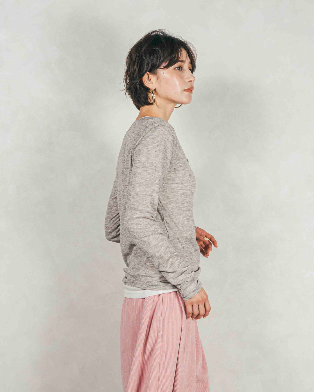 Sheerリブヘンリーネックトップス (GRAY)