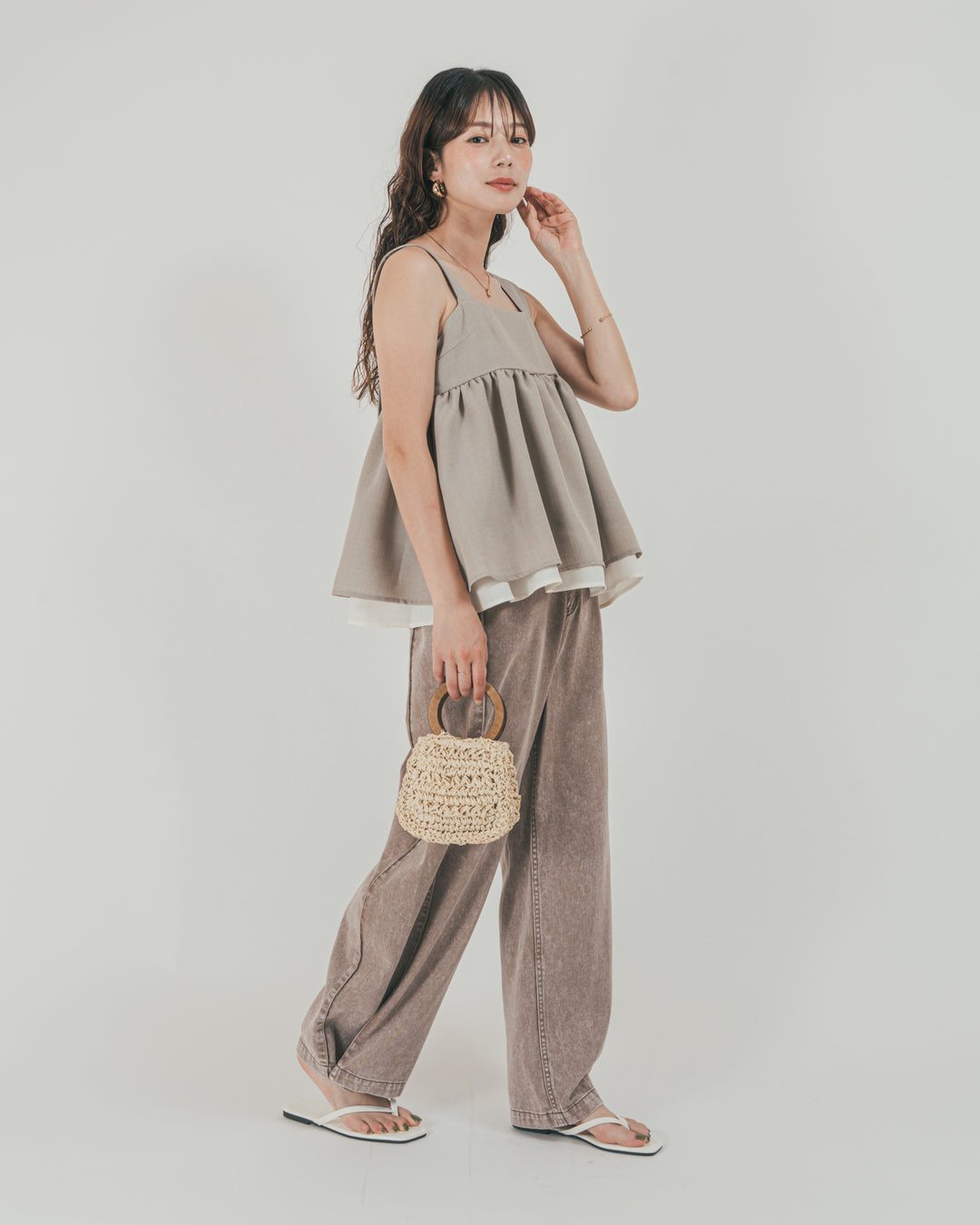 ［SET］スラブTweedバイカラーティアードキャミ + 10oz サイドタック リラックスデニムパンツ（2SET）