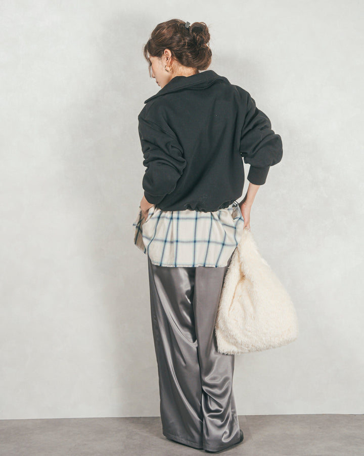 ［SET］裏起毛ハーフZipスウェット+Looseチェックシャツ+Relaxサテンパンツ
