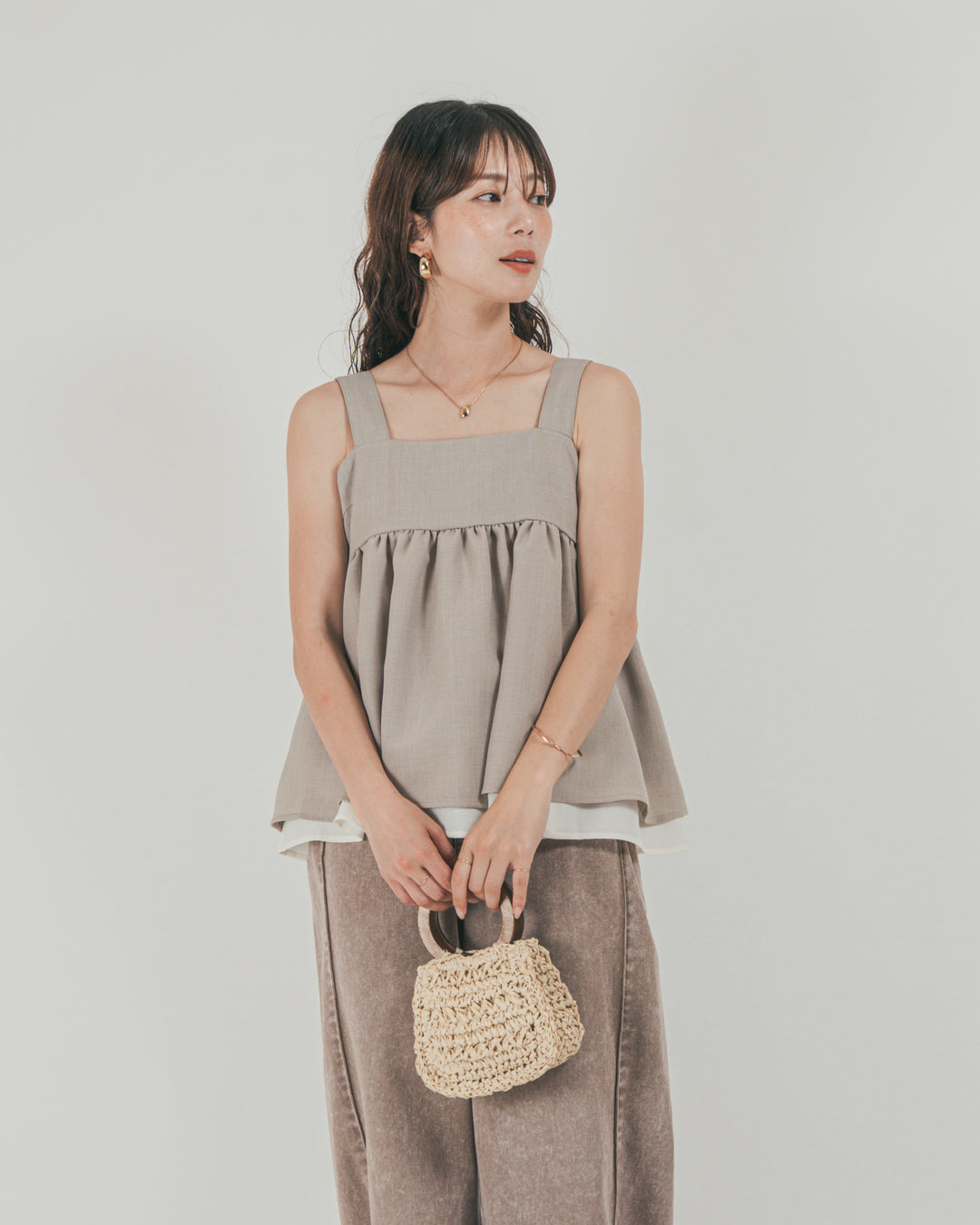 ［SET］スラブTweedバイカラーティアードキャミ + 10oz サイドタック リラックスデニムパンツ（2SET）