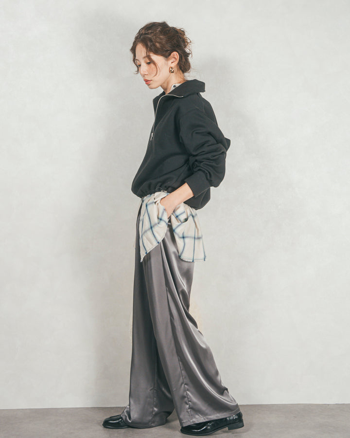 ［SET］裏起毛ハーフZipスウェット+Looseチェックシャツ+Relaxサテンパンツ
