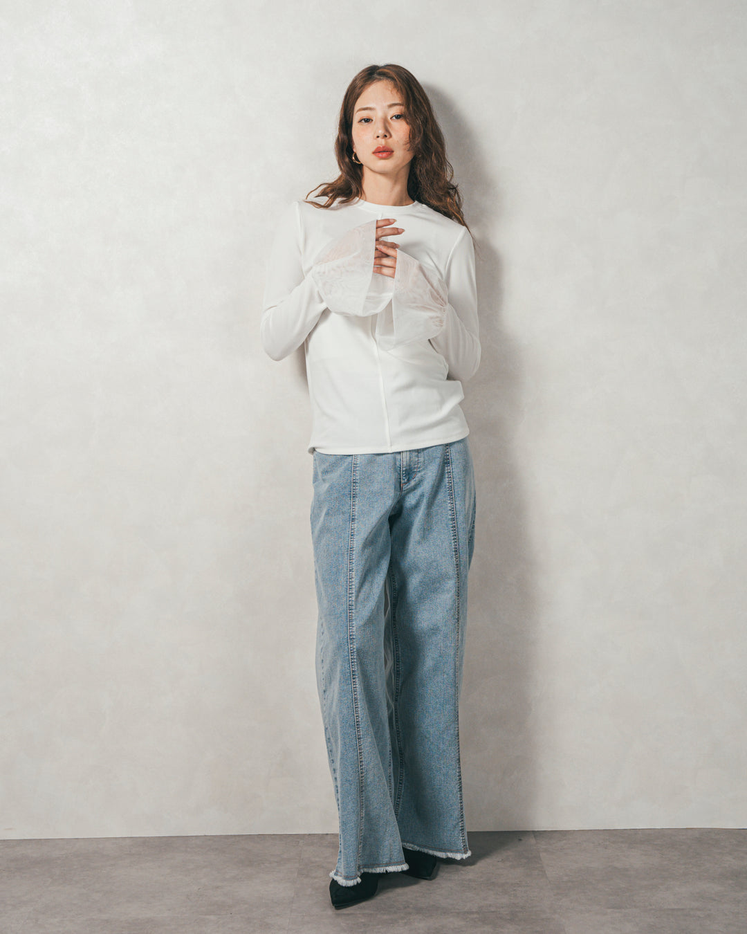 チュールスリーブRibトップス (WHITE)