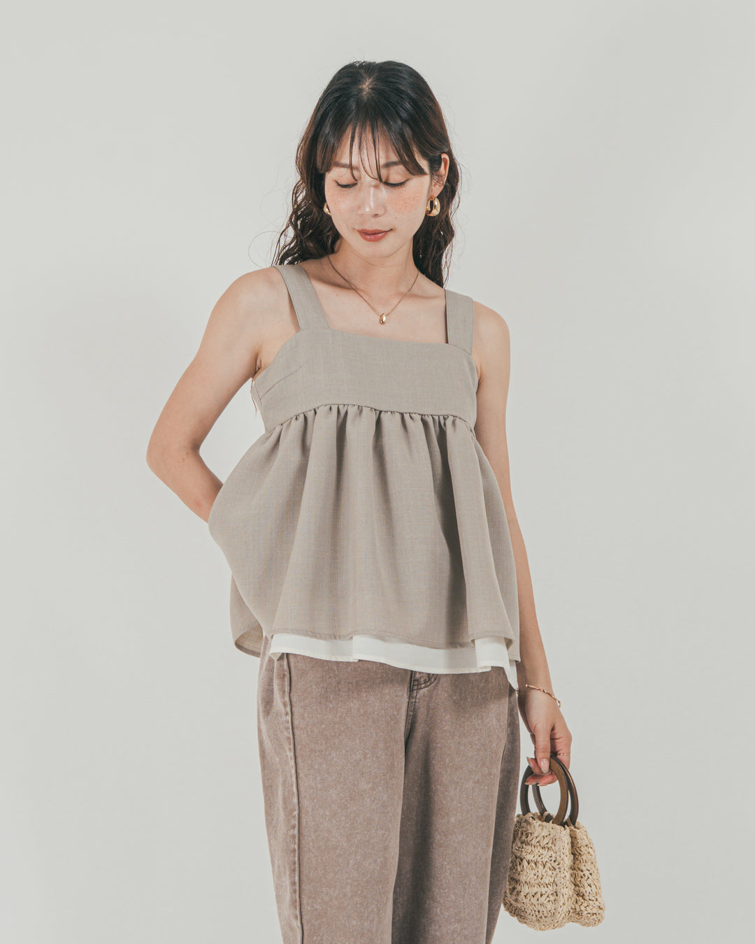 ［SET］スラブTweedバイカラーティアードキャミ + 10oz サイドタック リラックスデニムパンツ（2SET）