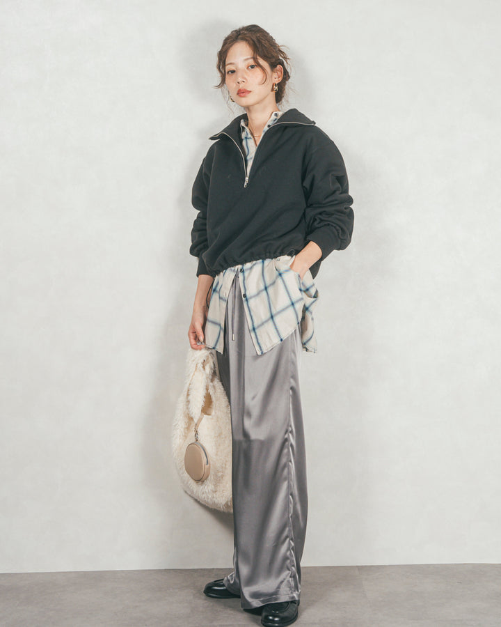 ［SET］裏起毛ハーフZipスウェット+Looseチェックシャツ+Relaxサテンパンツ