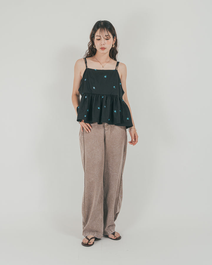 ［SET］Flower刺繍　ボリュームキャミ + 10oz サイドタック リラックスデニムパンツ（2SET）