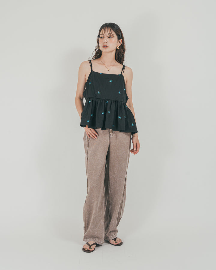 ［SET］Flower刺繍　ボリュームキャミ + 10oz サイドタック リラックスデニムパンツ（2SET）