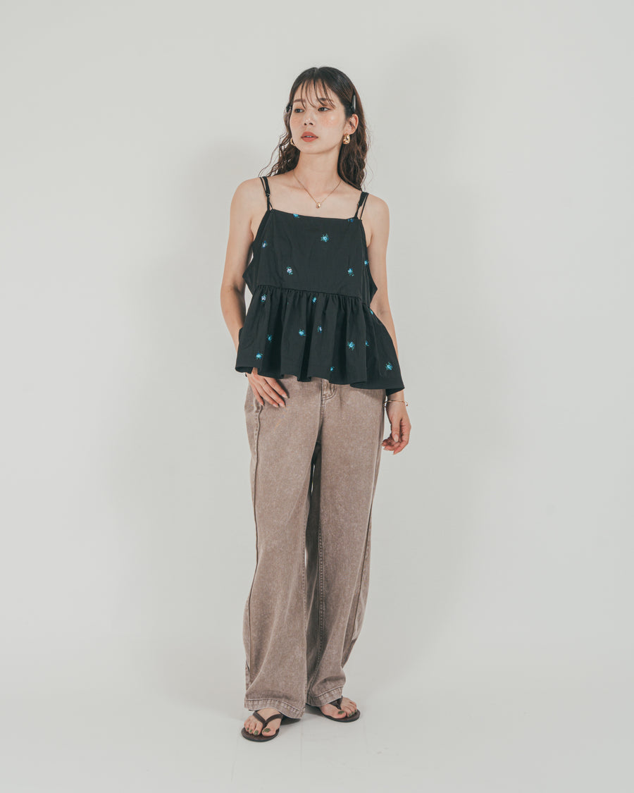 ［SET］Flower刺繍　ボリュームキャミ + 10oz サイドタック リラックスデニムパンツ（2SET）