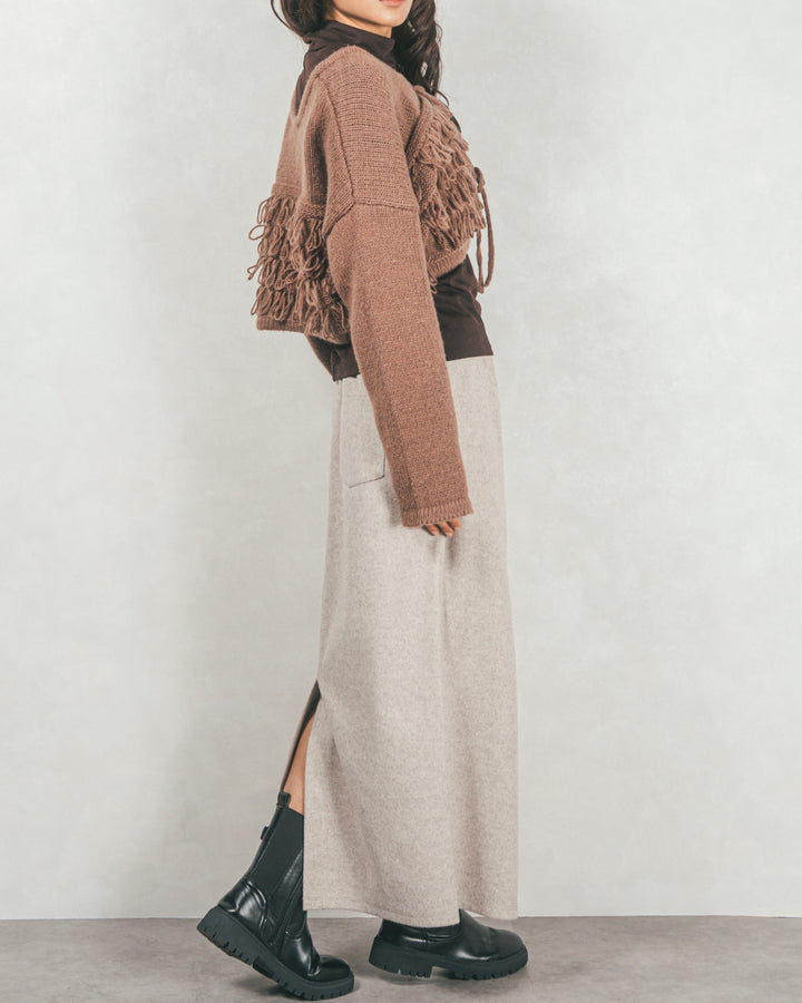 ［SET］ループ編みフリンジカーディガン+ワイドTuckイージーデニム（2SET）