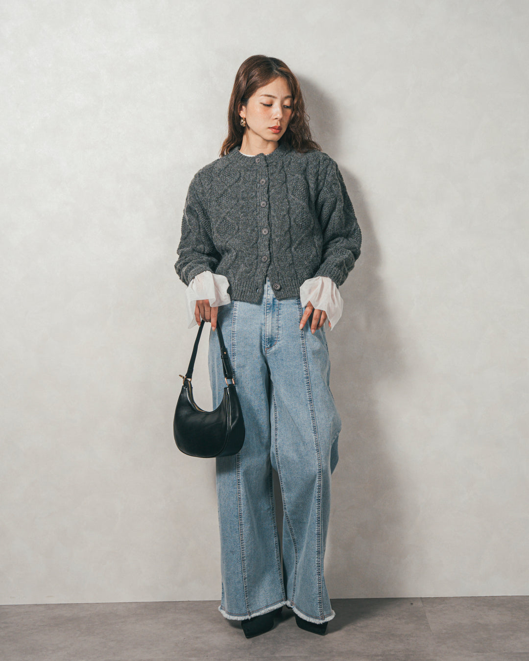 ［SET］ケーブルKnitクルーカーディガン+チュールスリーブRibトップス+センターシーム リラックスカラーデニム（3SET）