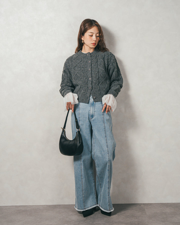 ［SET］ケーブルKnitクルーカーディガン+チュールスリーブRibトップス+センターシーム リラックスカラーデニム（3SET）
