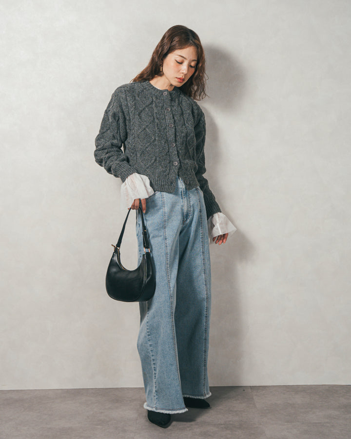 ［SET］ケーブルKnitクルーカーディガン+チュールスリーブRibトップス+センターシーム リラックスカラーデニム（3SET）