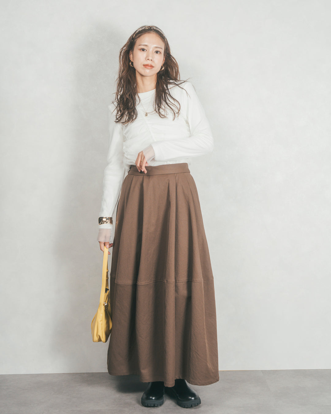 【2枚SET】チュールシャーリングトップス＆リブトップス (WHITE x WHITE)