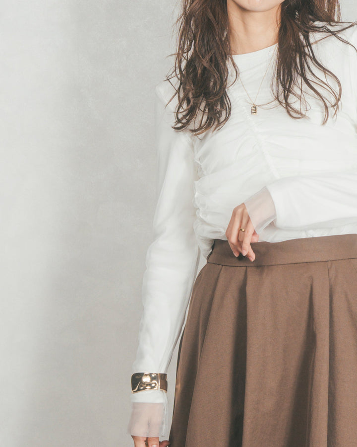 【2枚SET】チュールシャーリングトップス＆リブトップス (WHITE x WHITE)