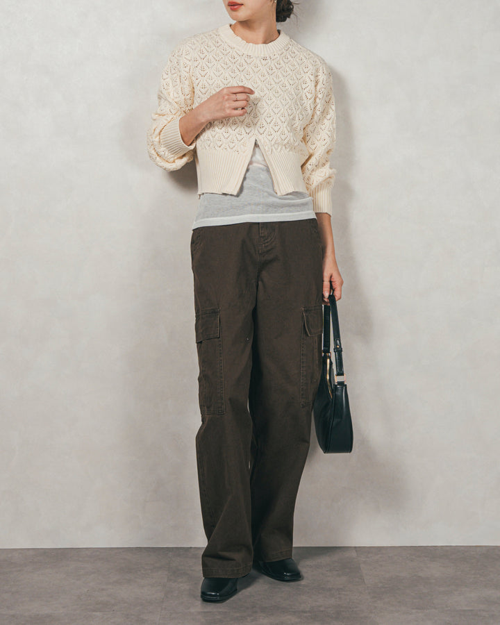 ［SET］透かし編みフロントスリットニット+ピグメントツイルカーゴパンツ（2SET）