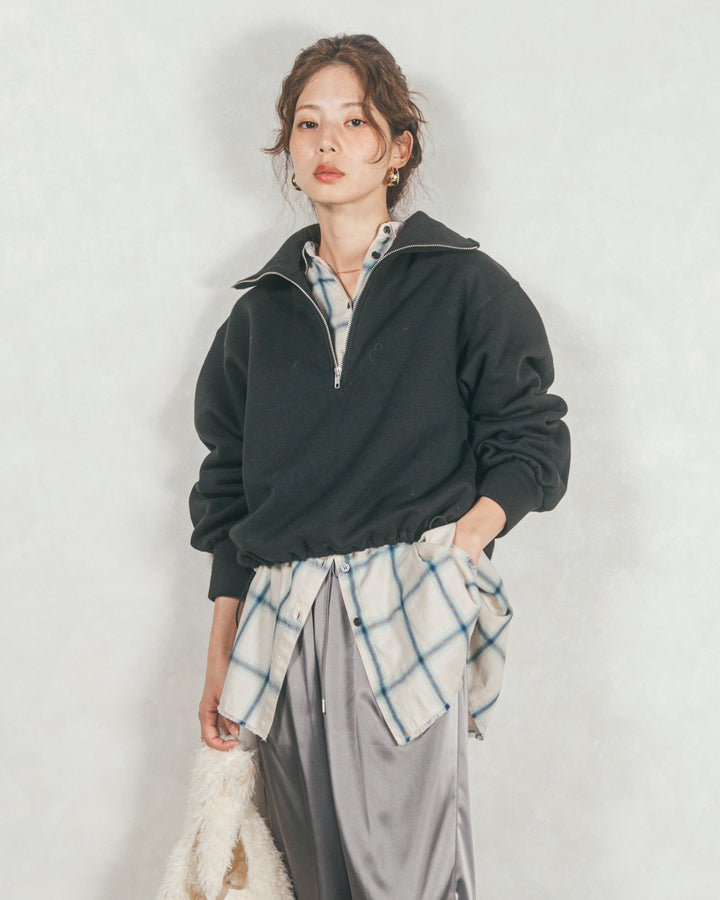 ［SET］裏起毛ハーフZipスウェット+Looseチェックシャツ+Relaxサテンパンツ