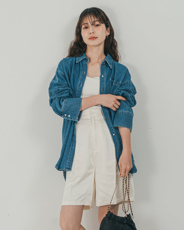 ［SET］Airy Denim オーバーシャツ + Vintageサテン　ハーフパンツ（2SET）