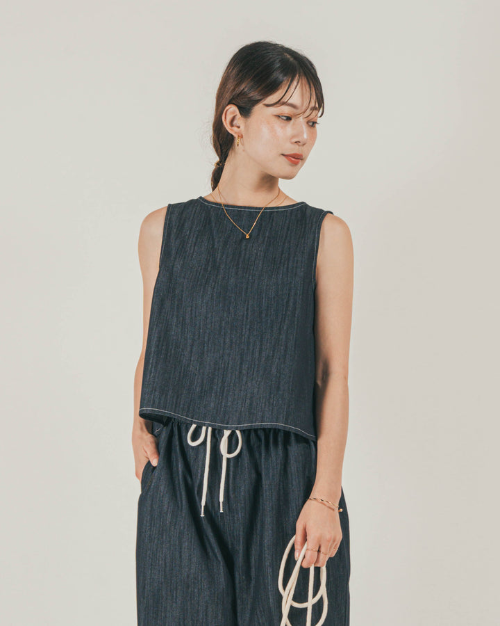 ［SET］スラブデニム 2Wayブラウス + Blockレース　ストレートパンツ（2SET）