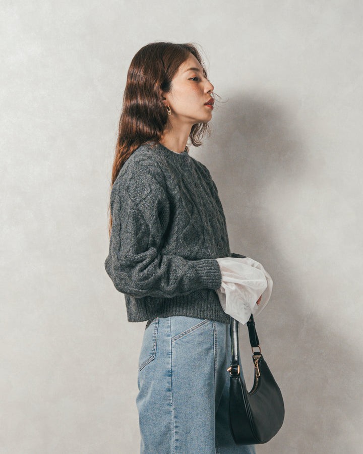 ［SET］ケーブルKnitクルーカーディガン+チュールスリーブRibトップス+センターシーム リラックスカラーデニム（3SET）