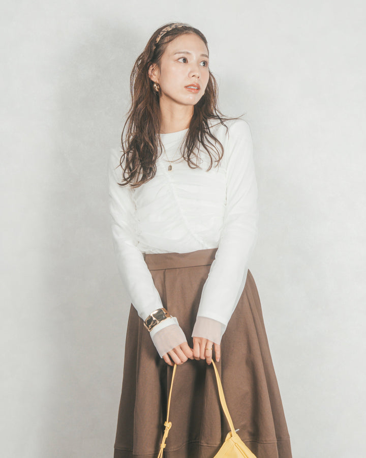 【2枚SET】チュールシャーリングトップス＆リブトップス (WHITE x WHITE)