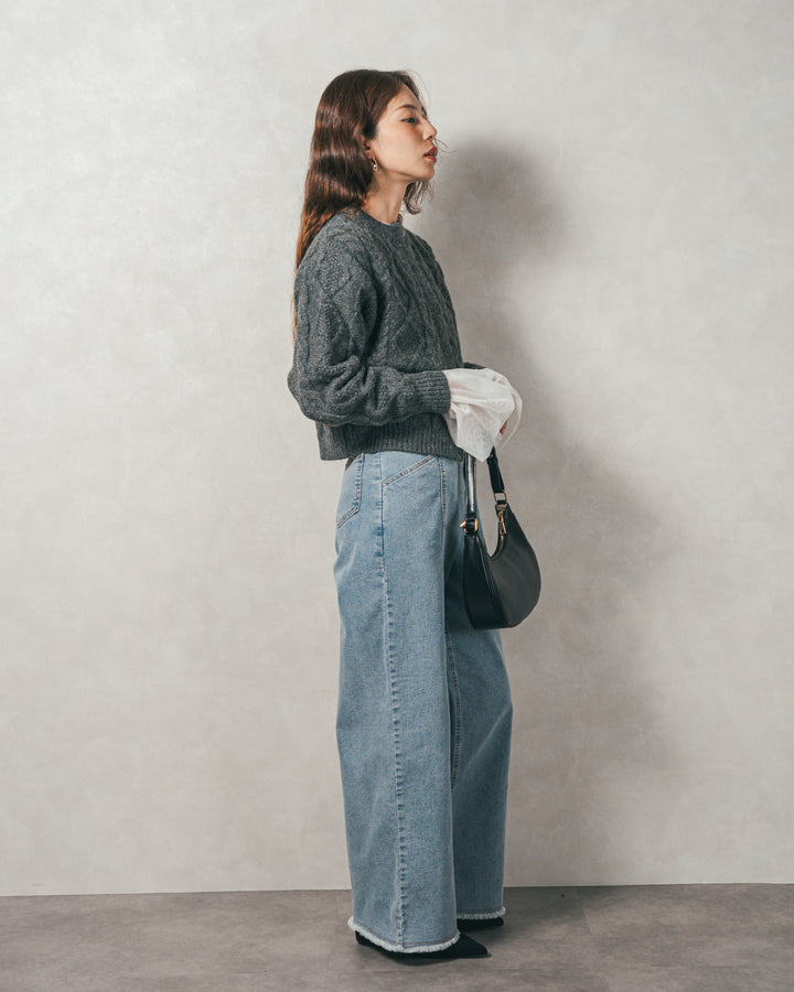 ［SET］ケーブルKnitクルーカーディガン+チュールスリーブRibトップス+センターシーム リラックスカラーデニム（3SET）